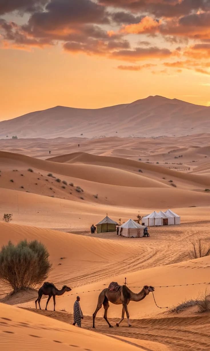 Campement et dromadaires au coucher du soleil dans les dunes de Merzouga