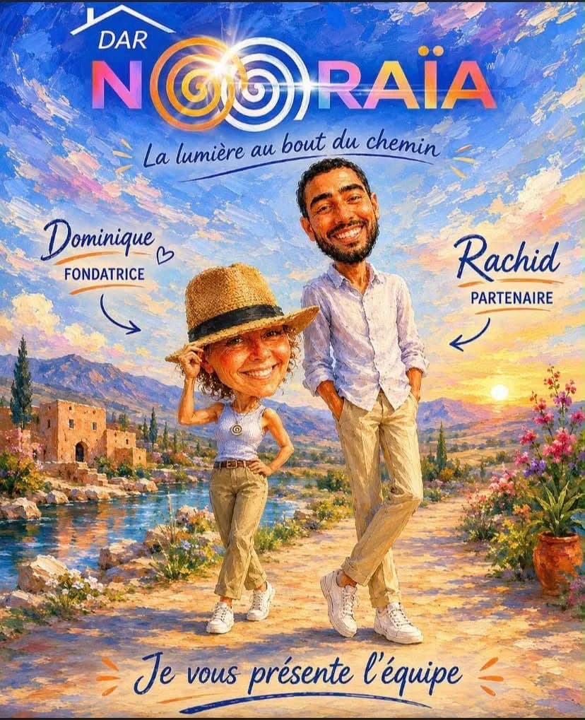 Illustration peinte : Dominique, la fondatrice, en chapeau de paille, et Rachid, partenaire, sur un chemin fleuri au bord de l’eau, sous le logo Dar Nouraïa et les mots « Je vous présente l’équipe »