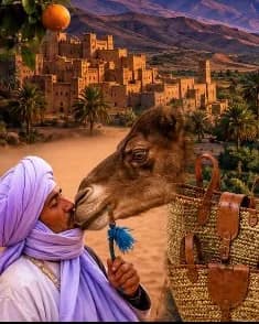 Un guide au chèche violet embrasse un dromadaire, devant une kasbah de terre et sa palmeraie