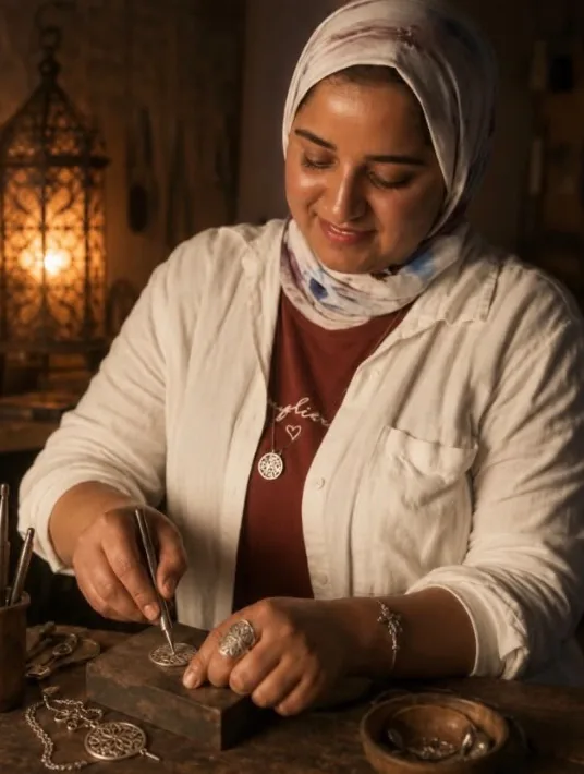 Laila ciselant un bijou en argent dans son atelier, à la lumière d’une lanterne